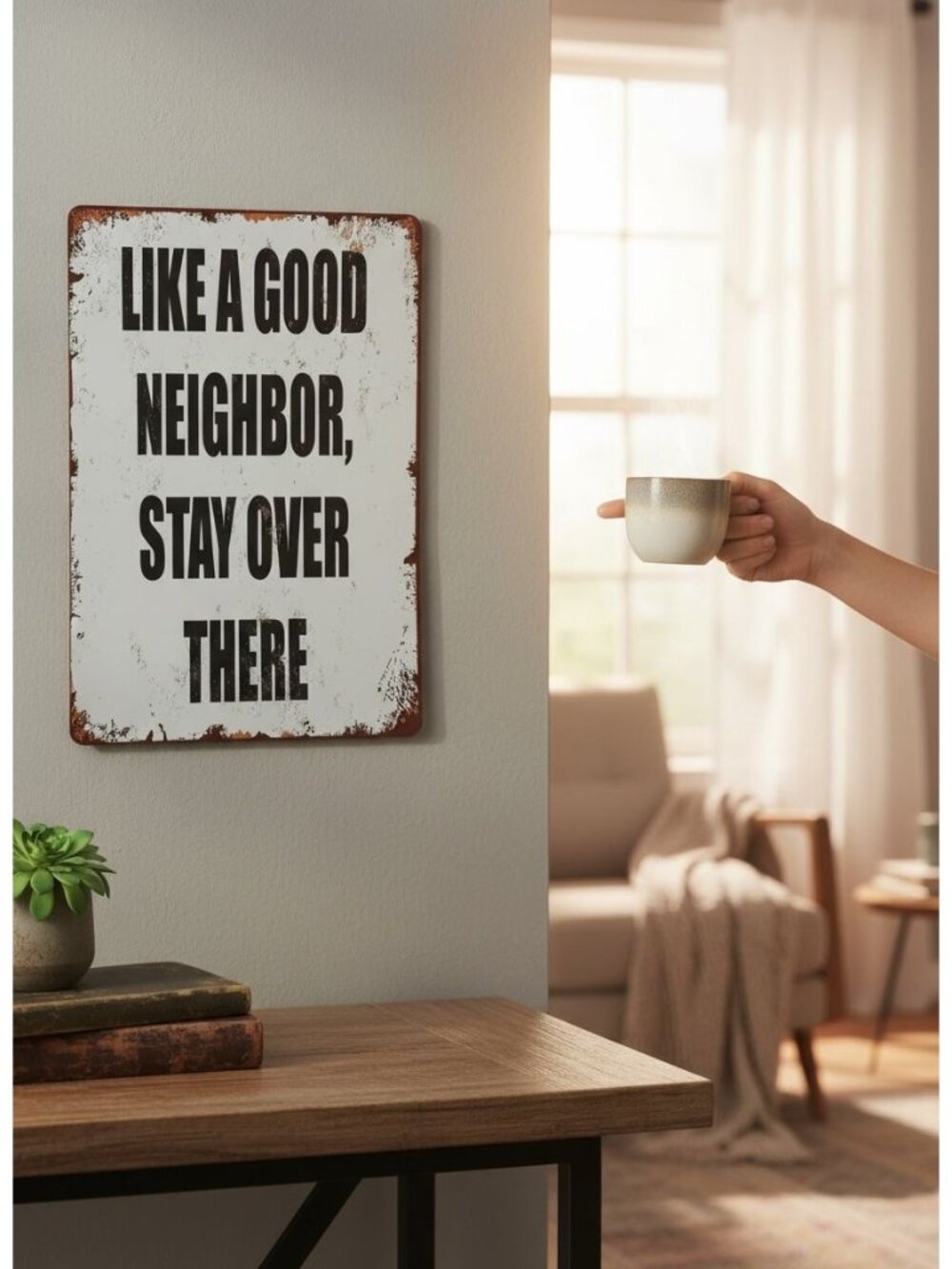 Like A Good Neighbor Stay Over There Metal Wall Sign